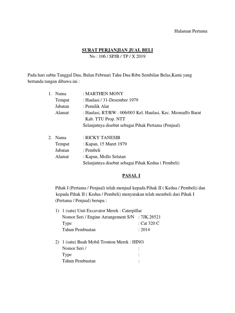 Contoh Surat Perjanjian Jual Beli Alat Berat Contoh Surat