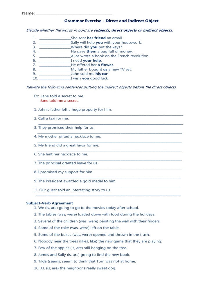 Grammar Exercise - Direct and Indirect Object: Name | PDF | Object ...