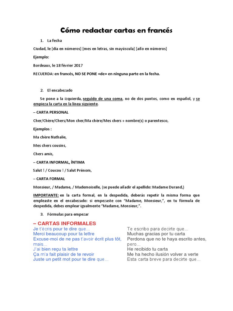 C&oacute;mo redactar cartas en franc&eacute;s | PDF