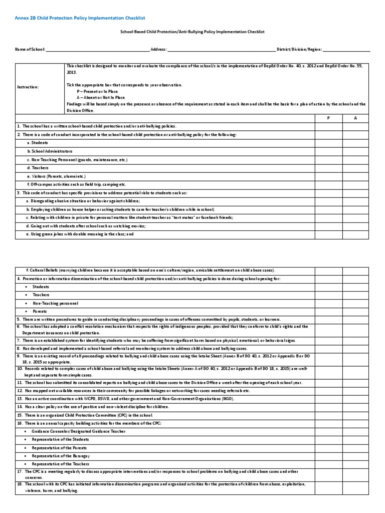 Annex 2B Child Protection Checklist | PDF | Child Protection | Bullying
