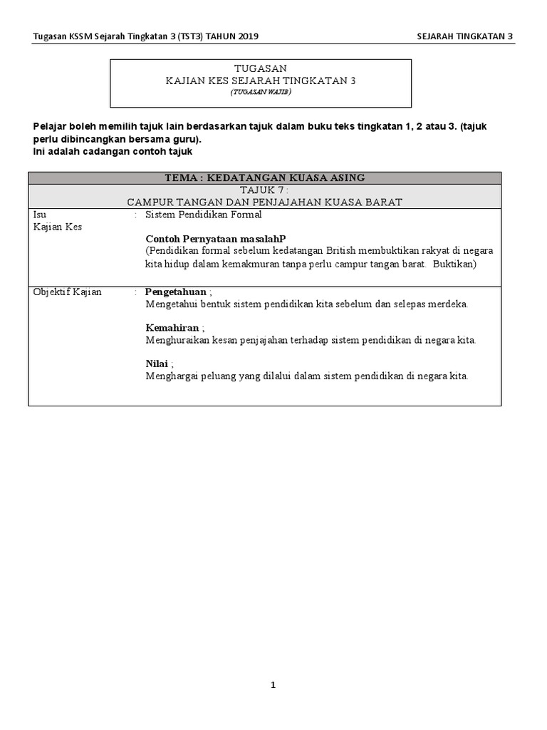 Tugasan Kajian Kes Sejarah Tingkatan 3 Pdf Pdf