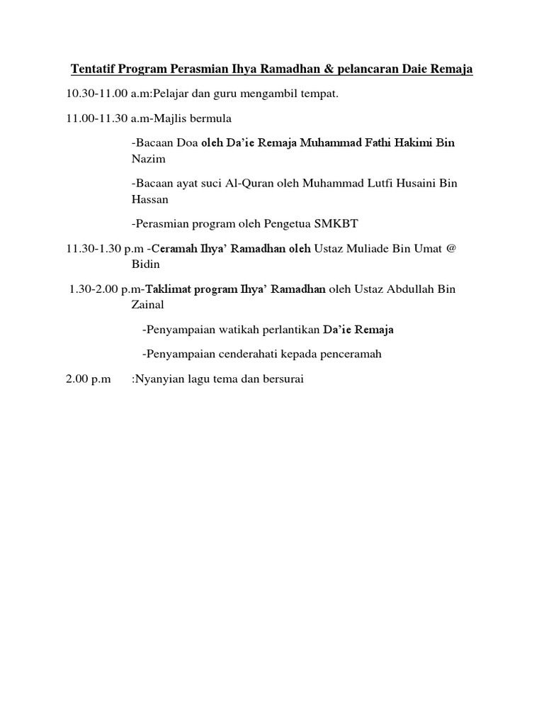 Tentatif Program Perasmian Ihya Ramadhan | PDF