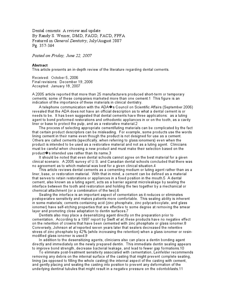 Comprehensive Review of Dental Cements | PDF | Chemical Substances | Mouth