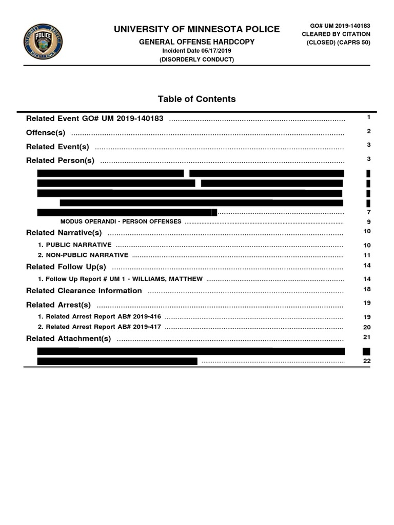 UMN Police Report LRT Incident 19140183 Redacted PDF Police Officer Arrest