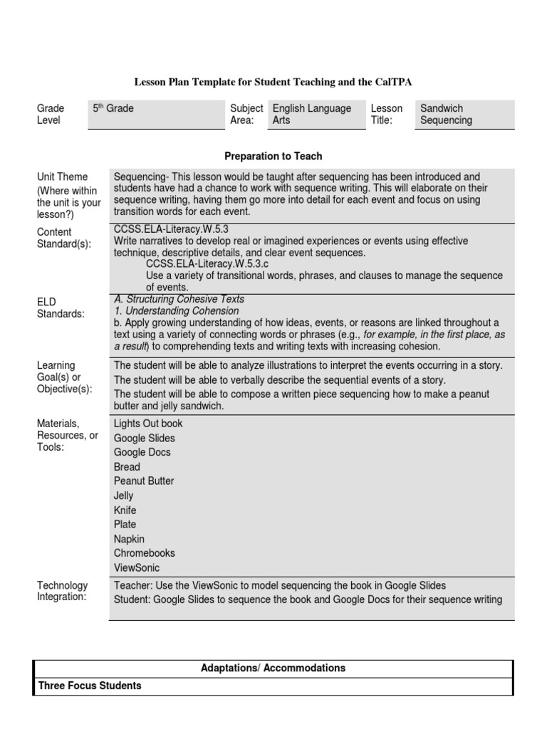 Lesson plan template for student teaching and the caltpa preparation