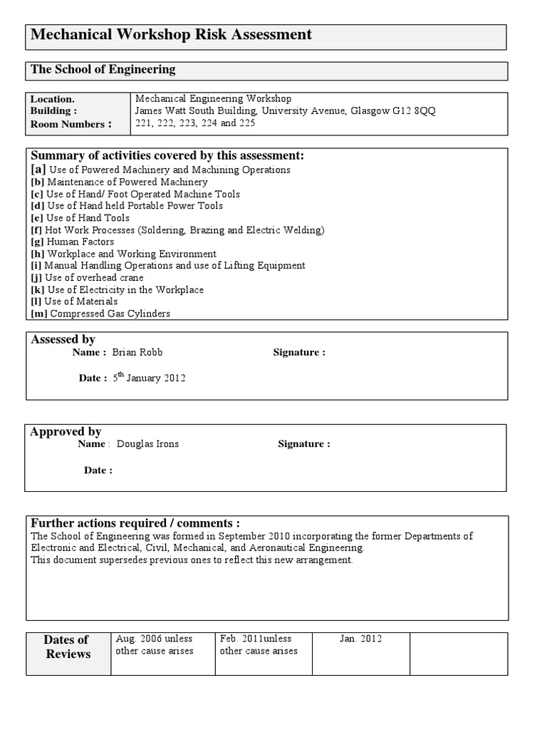 Mechanical Risk Assessment The School of Engineering PDF Hvac Welding