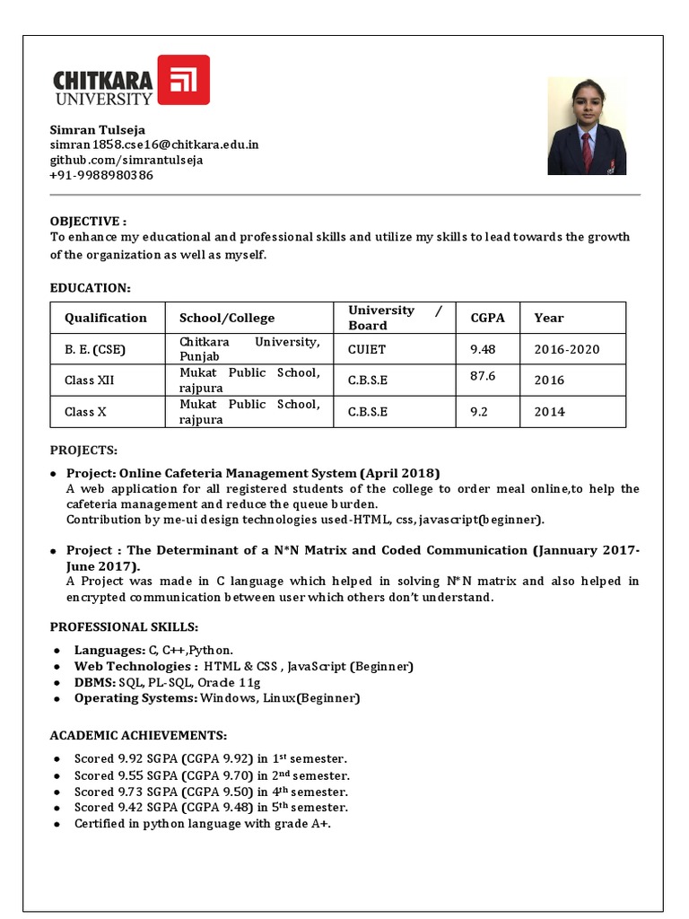 Simran Tulseja's CSE Resume 2023 | PDF