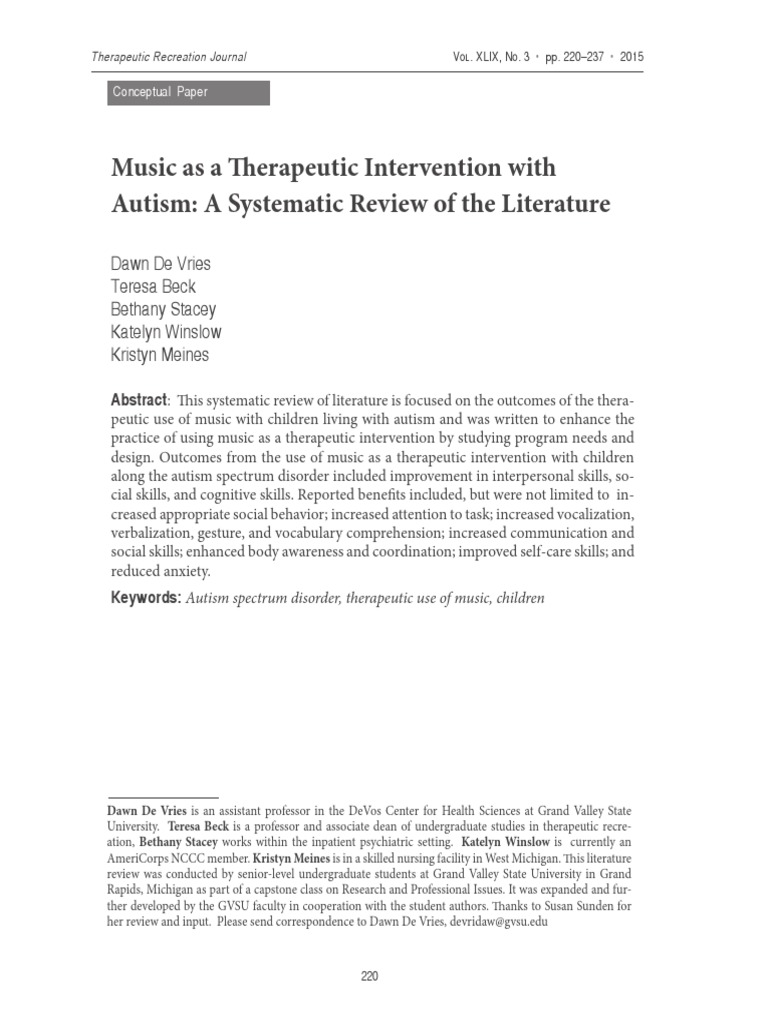 Music As A Therapeutic Intervention With Autism: A Systematic Review of ...