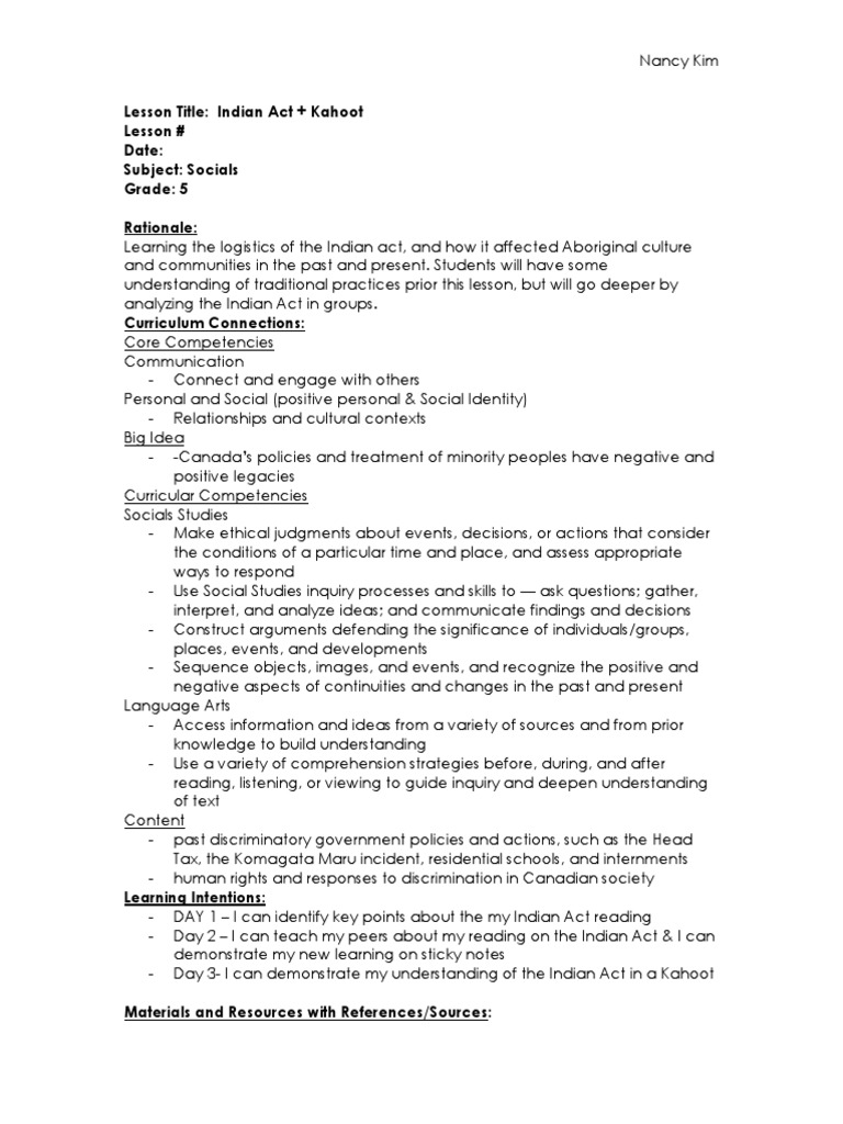 Lesson Title Indian Act + Kahoot Lesson Date Subject Socials Grade