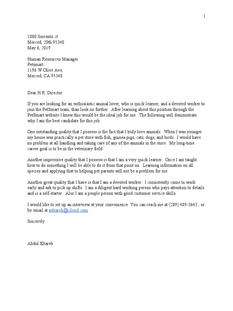 Cover Letter Animals And Humans Learning