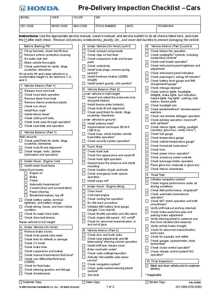 Pre-Delivery Inspection Checklist - Cars | PDF | Land Vehicles ...