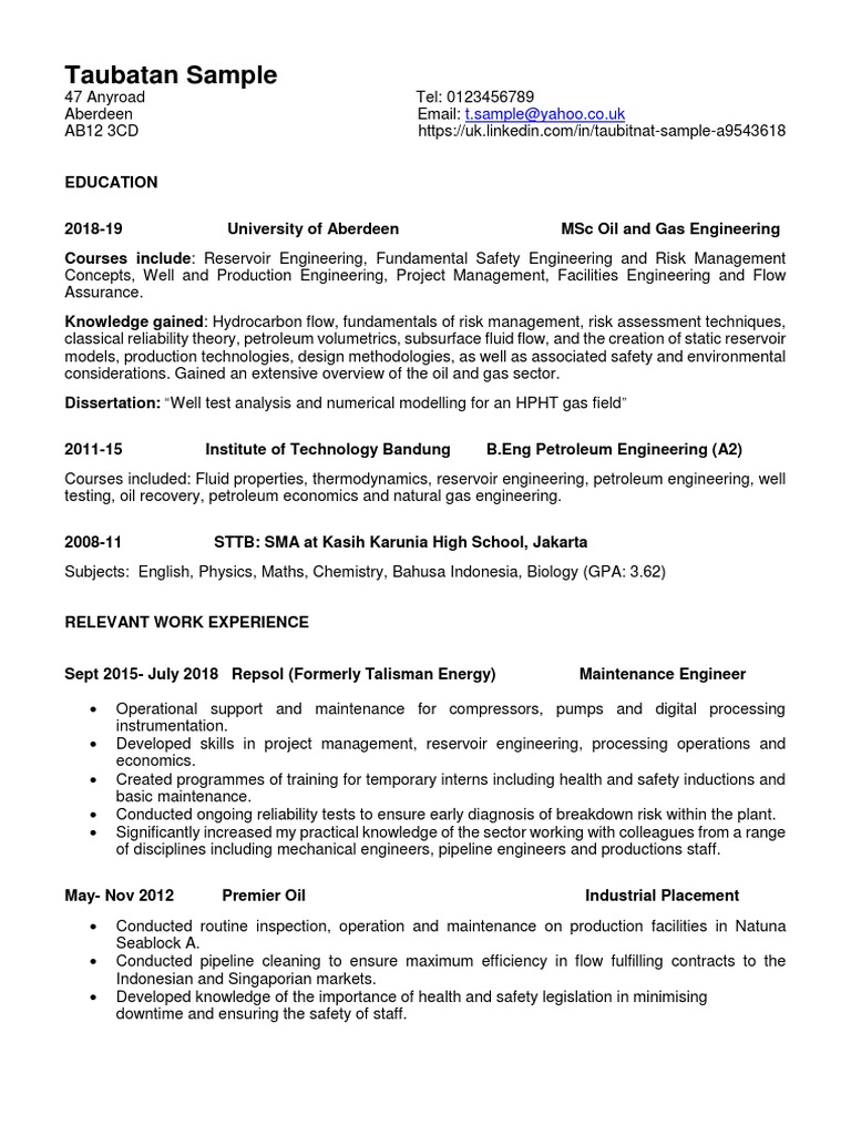 (Sample) MSc Oil Gas Engineering CV PDF Petroleum Reservoir