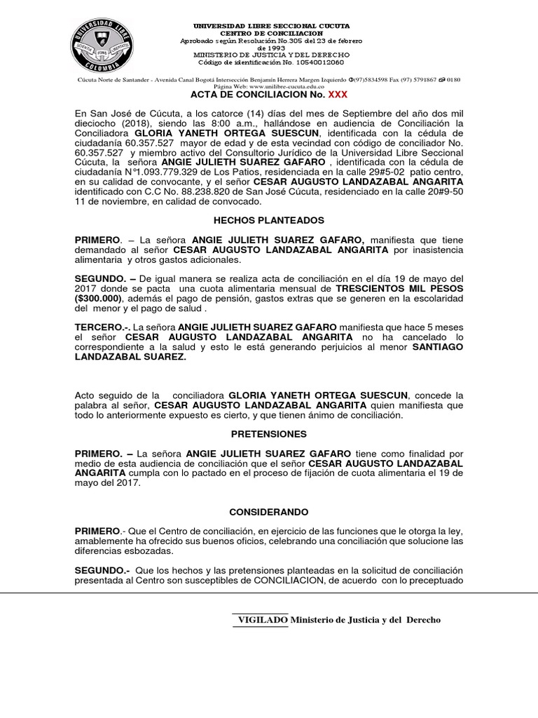 Acta de Concilaicion Angie Julieth Suarez Gafaro PDF Gobierno 