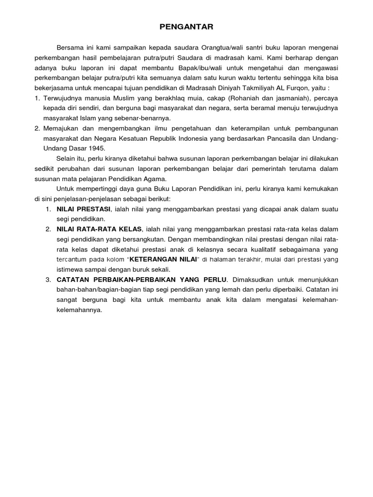Kata Pengantar Raport Madrasah