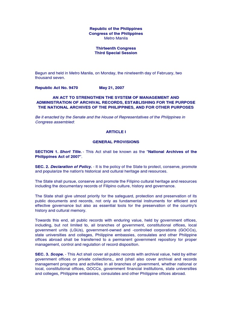 National Archives of the Philippines Act | PDF | Records Management ...