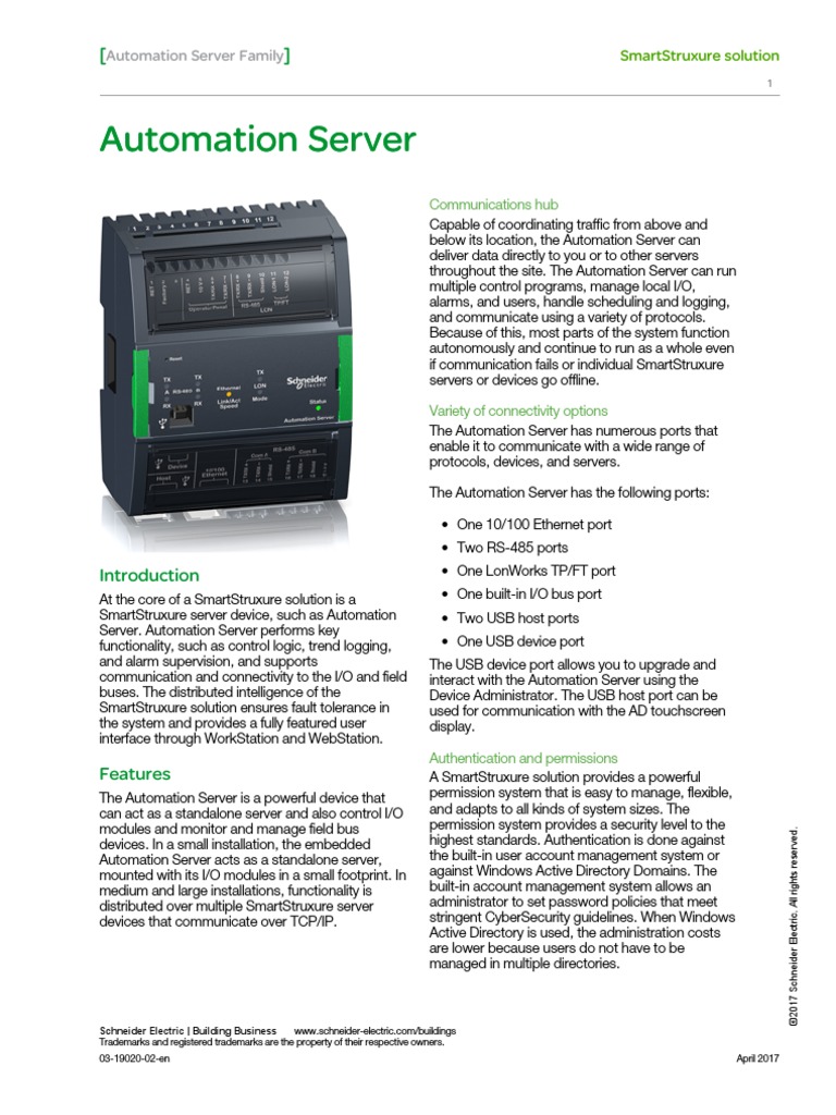 Automation Server Specification Sheet SmartStruxure Solution Port