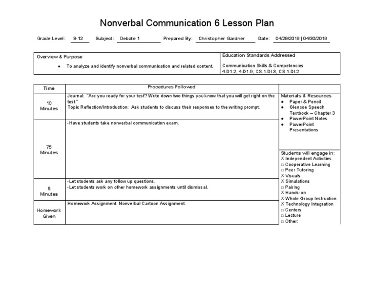 Nonverbal Communication Lesson Plan | PDF | Homework | Lesson Plan