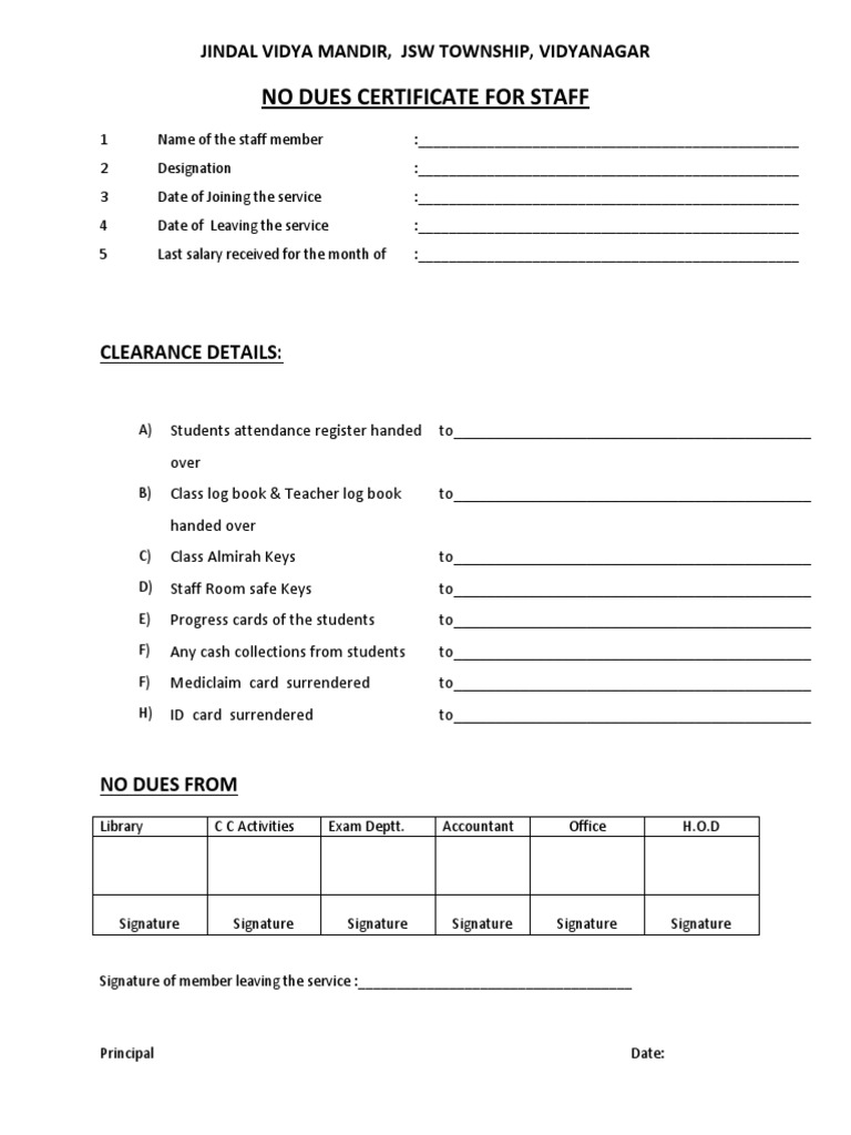 No Due Certificate Format Staff1 PDF