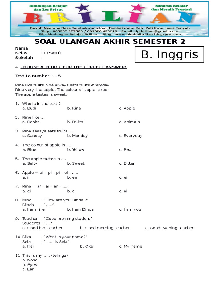 Soal Uas Bahasa Inggris Kelas 1 Sd Semester 2 Dan Kunci Jawaban Plants Fruit