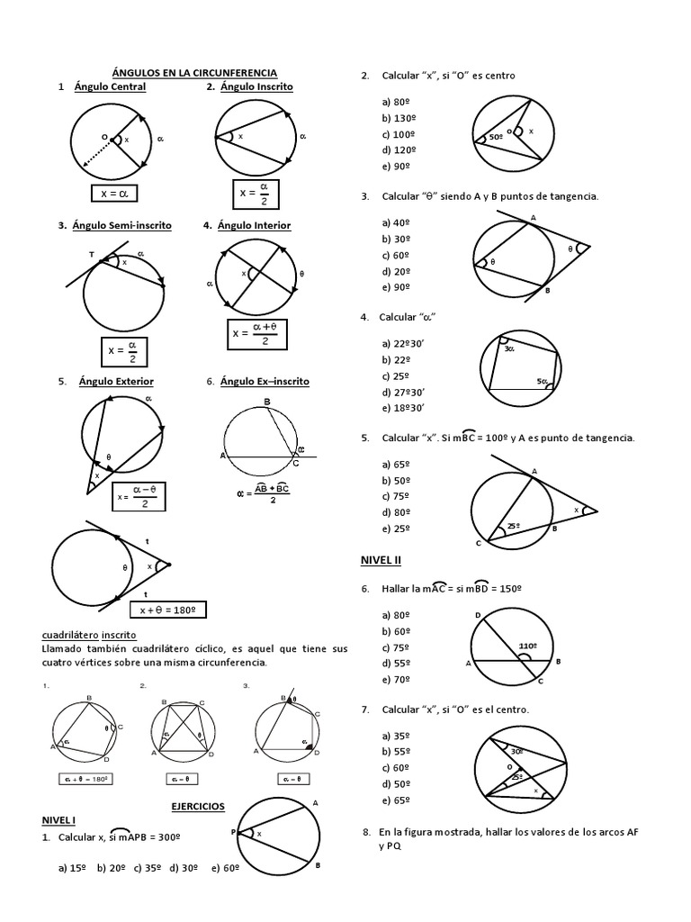 Ejercicios de Ángulos en Circunferencia | PDF | Circulo | Geometria clasica