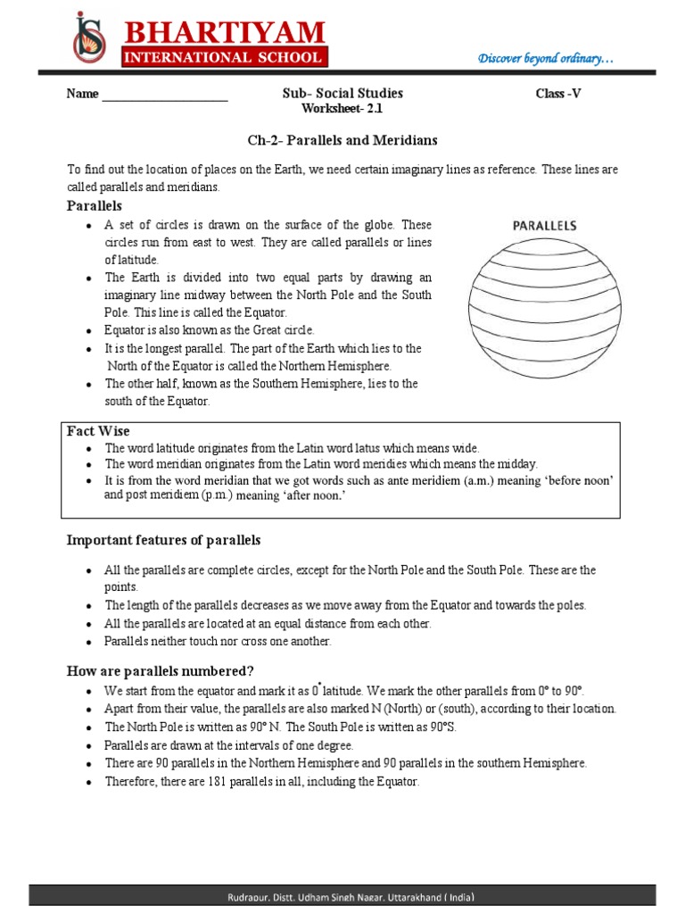 WKS CLASS 5 S.S.T CH 2 Parallels and Meridians 2.1 PDF Longitude Equator
