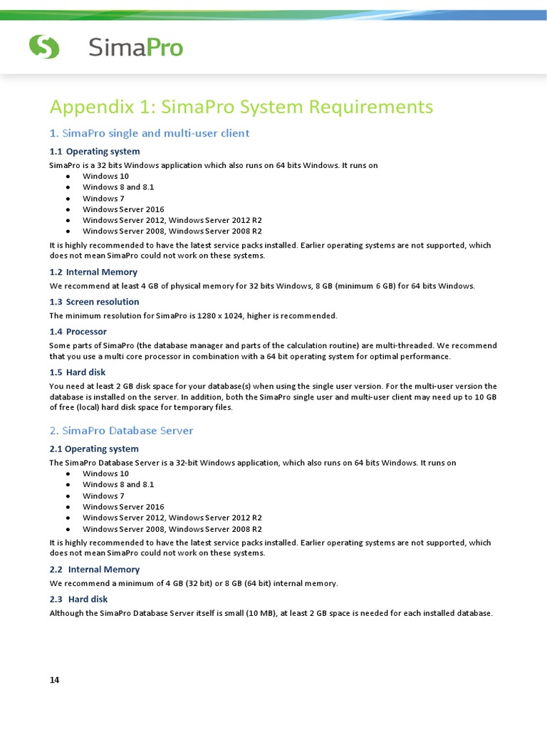 SimaPro System Requirements Overview | PDF | Technology & Engineering