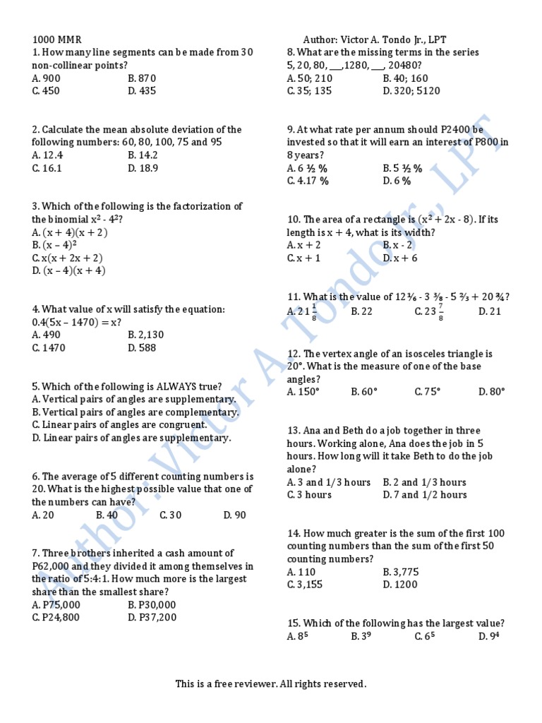 1000 MMR Math Review Questions | PDF | Triangle | Area
