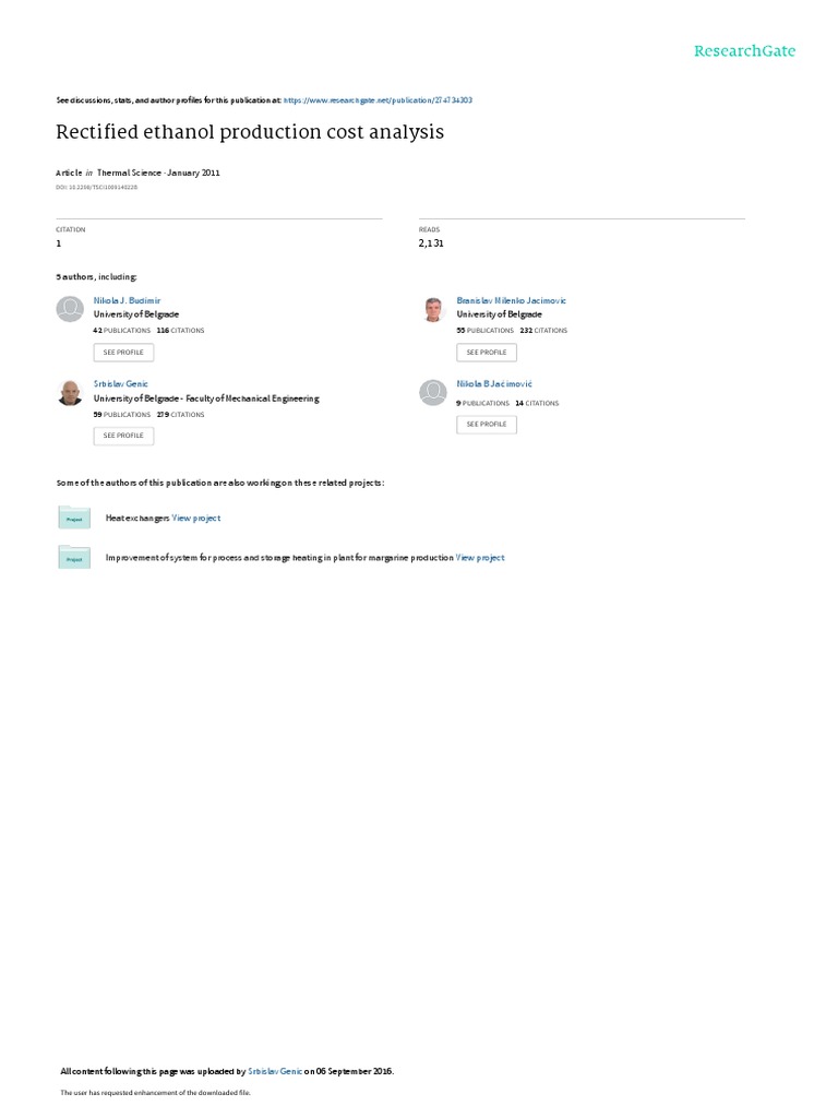 Rectified Ethanol Production Cost Analysis Thermal Science January