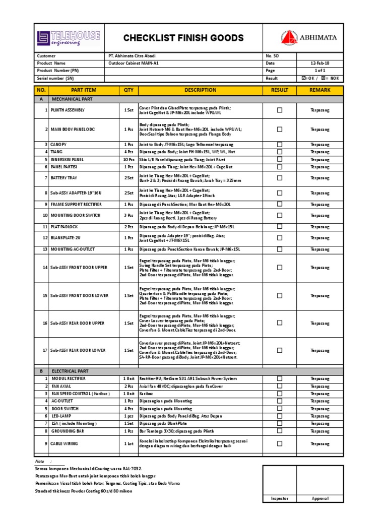 Checklist Pemasangan Finish Goods | PDF