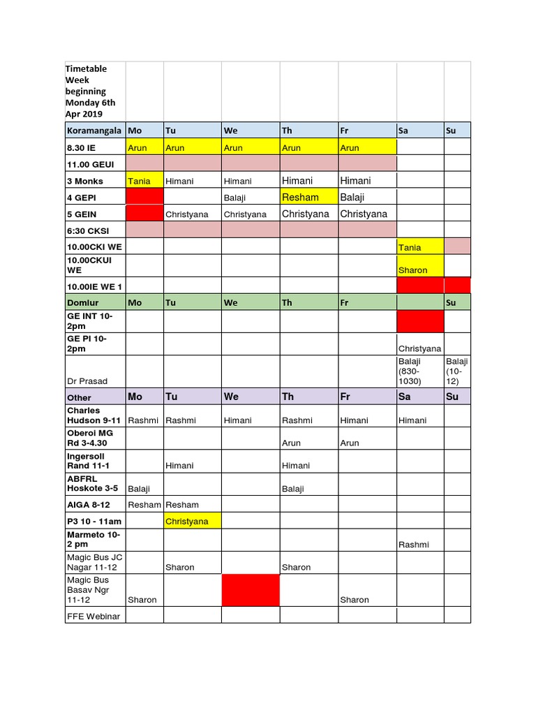 Weekly Timetable for April 2019 | PDF
