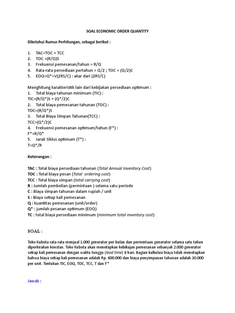 Soal Jawaban Economic Order Quantity