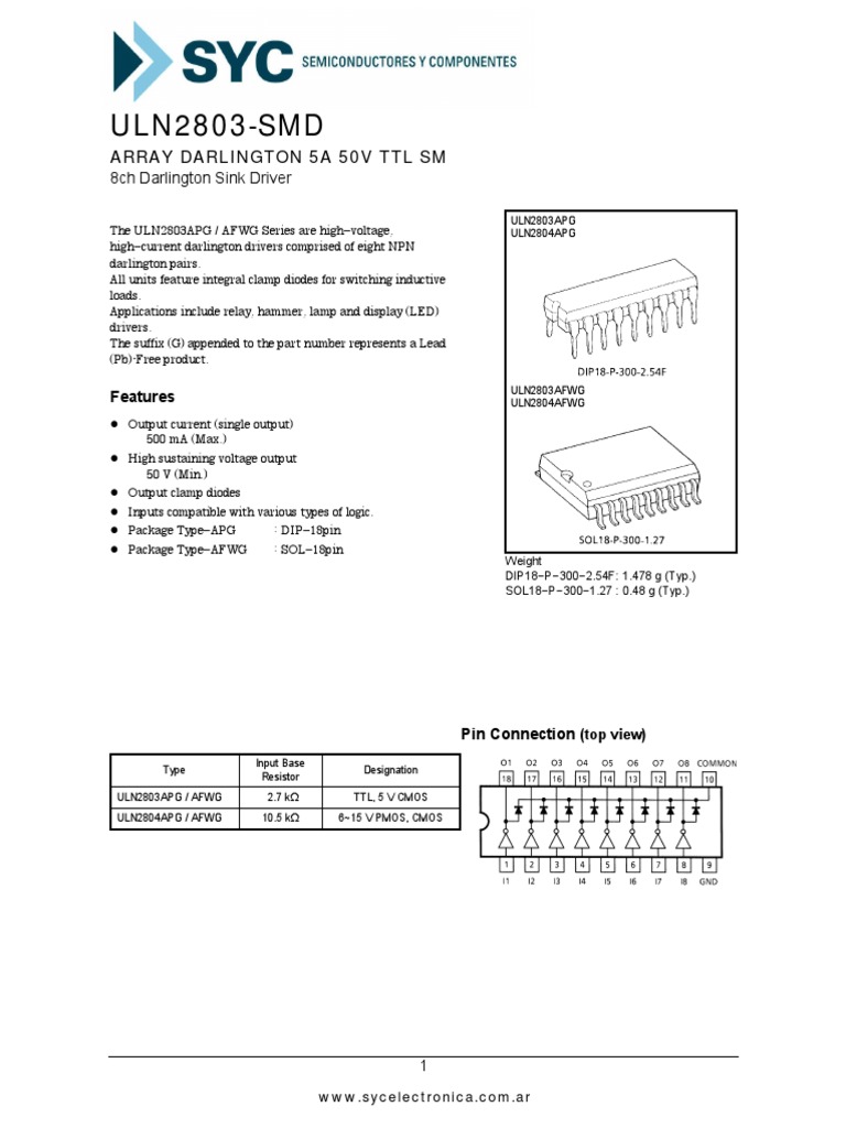 ULN2803 8channel Darlington array driver PDF Cmos Electronic