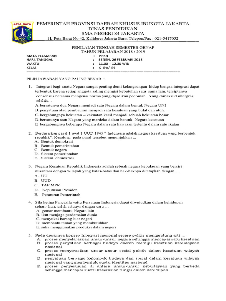 Soal Pts Pkn Kelas X Sma