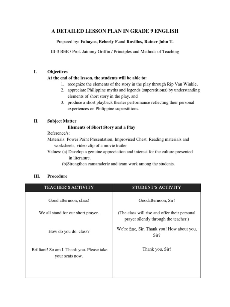Grade 9 English Lesson Plan: Story Elements | PDF | Washington Irving ...