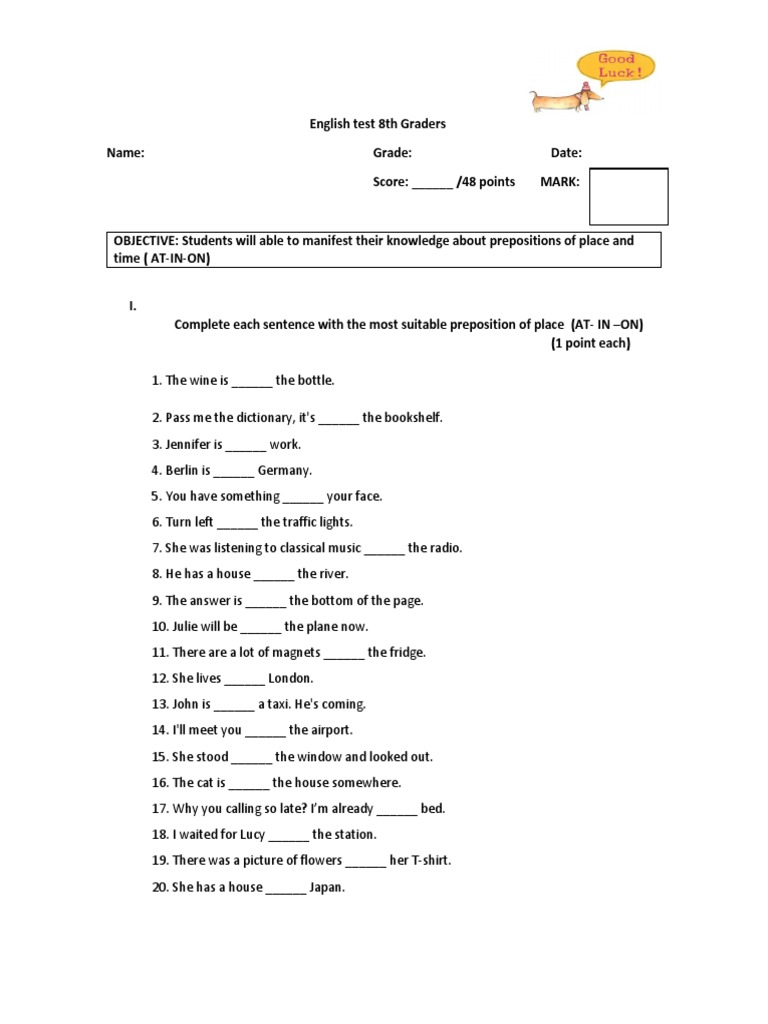 Prepositions of Place and Time Test | PDF