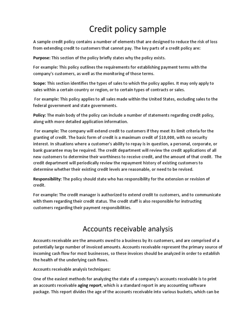 Credit Policy Sample Accounts Receivable Analysis PDF Credit