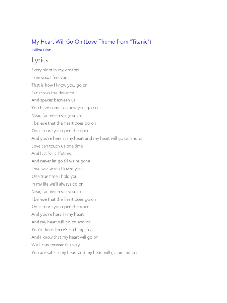 Lyrics My Heart Will Go On (Love Theme From "Titanic") PDF