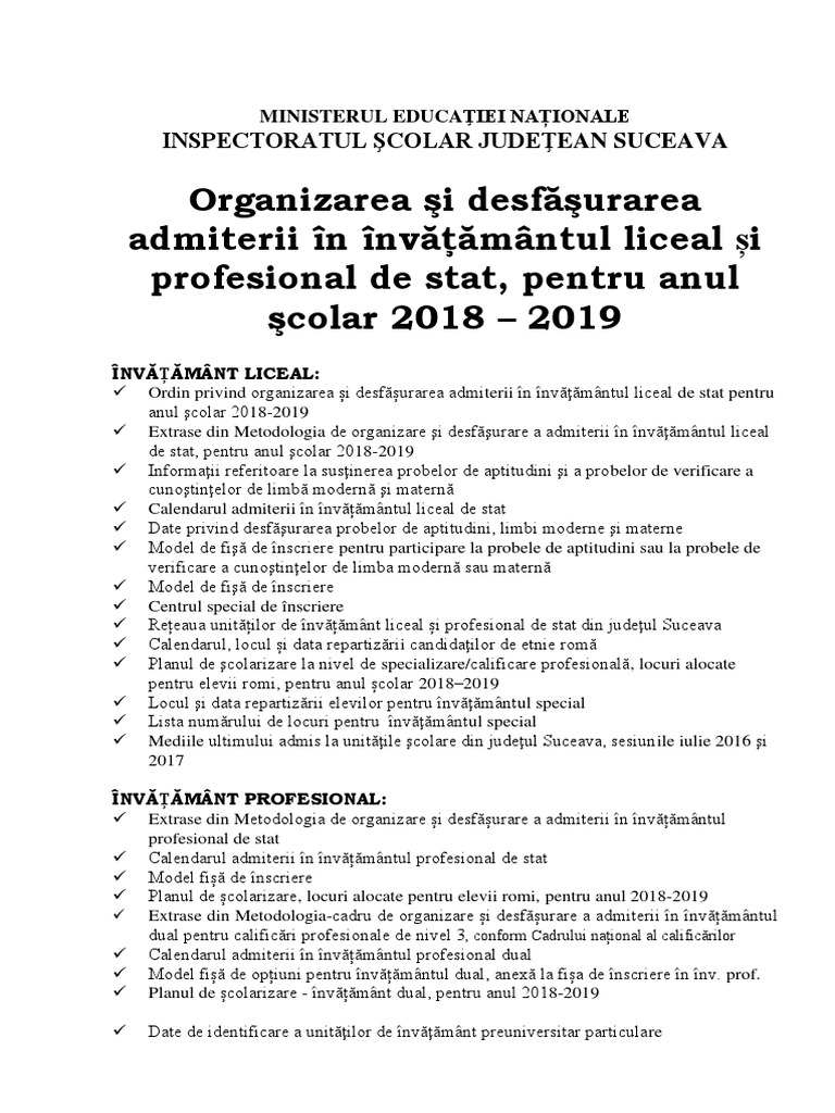 Brosura Admitere Liceu Si Scoli Profesionale 2018