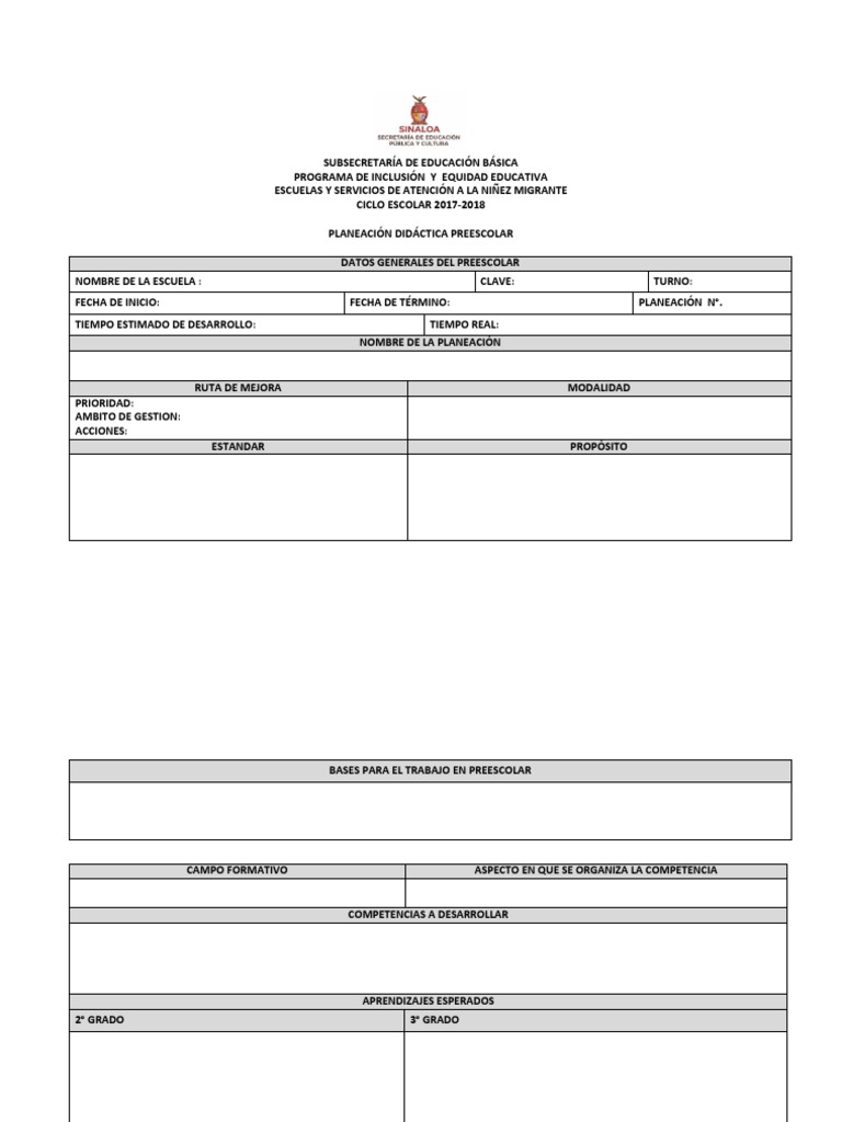 Formato de Planeación Preescolar PDF | PDF | Educación de la primera ...