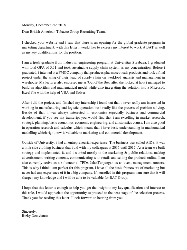 Global Graduate Program Bat Cover Letter Supply Chain Marketing