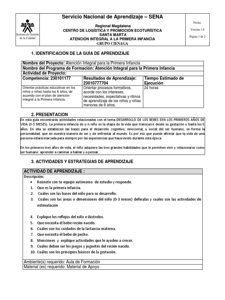 Guía de Aprendizaje: Primera Infancia SENA | PDF | Infancia | Aprendizaje