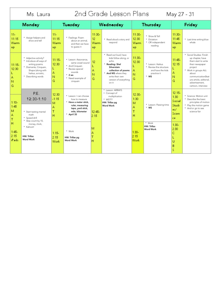 2nd Grade Lesson Plans: Ms. Laura May 27 - 31 | PDF
