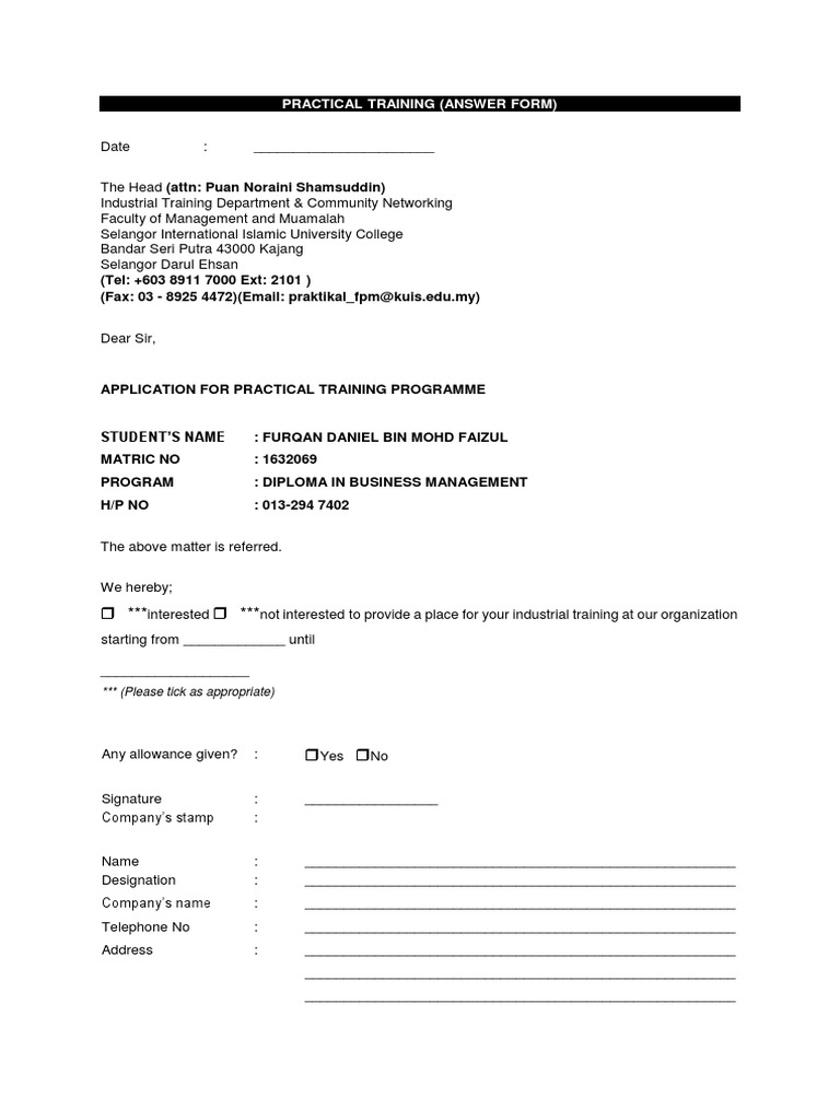 Practical Training Application Form | PDF