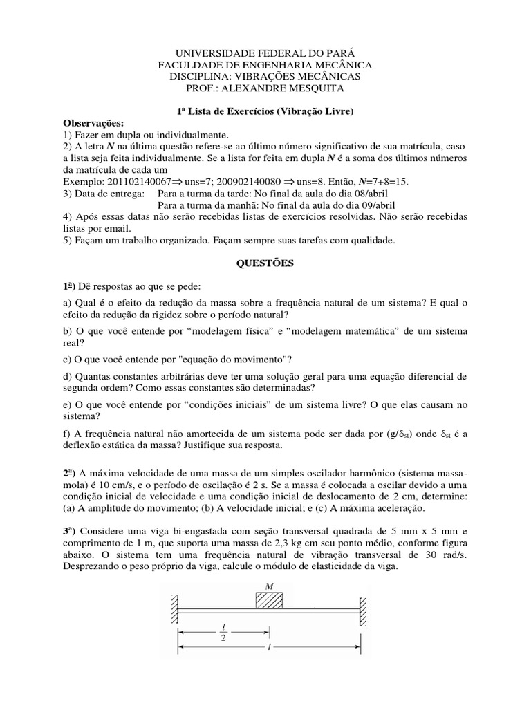 Lista de Exercícios: Vibrações Mecânicas | PDF | Massa | Física