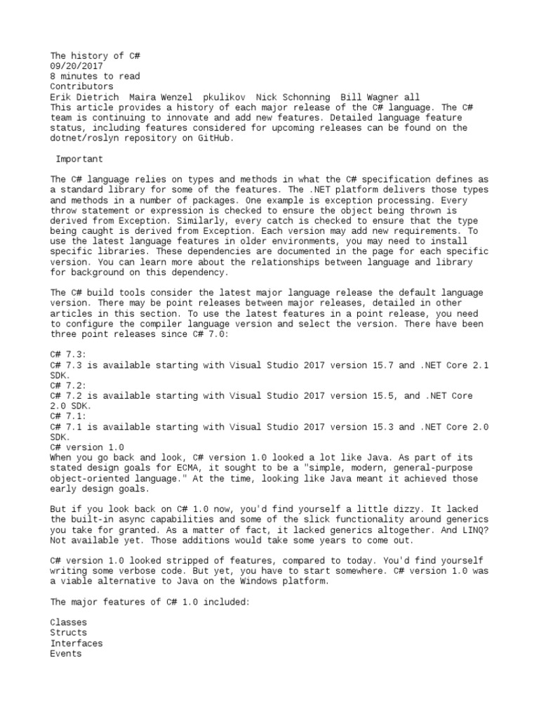 The History of C# | PDF | C Sharp (Programming Language) | C ...