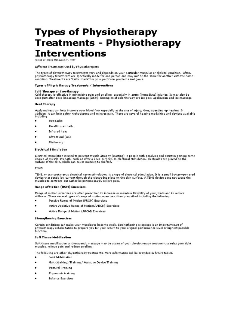 Types of Physiotherapy Treatments PDF Physical Therapy Muscle