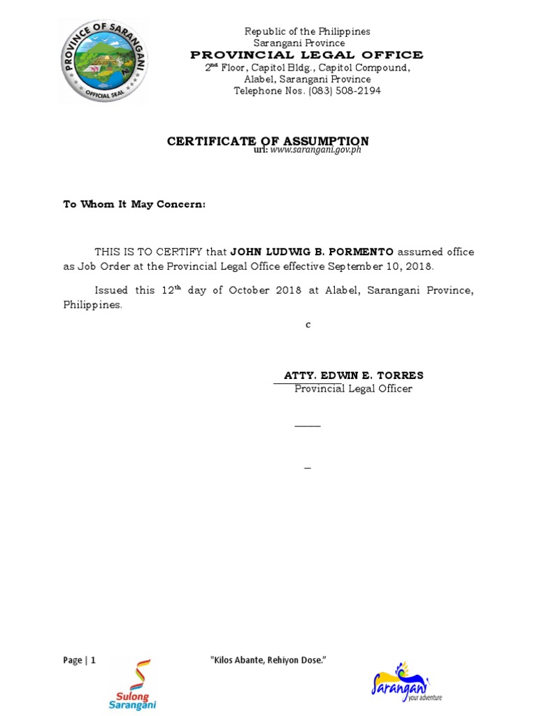 Certificate of assumption