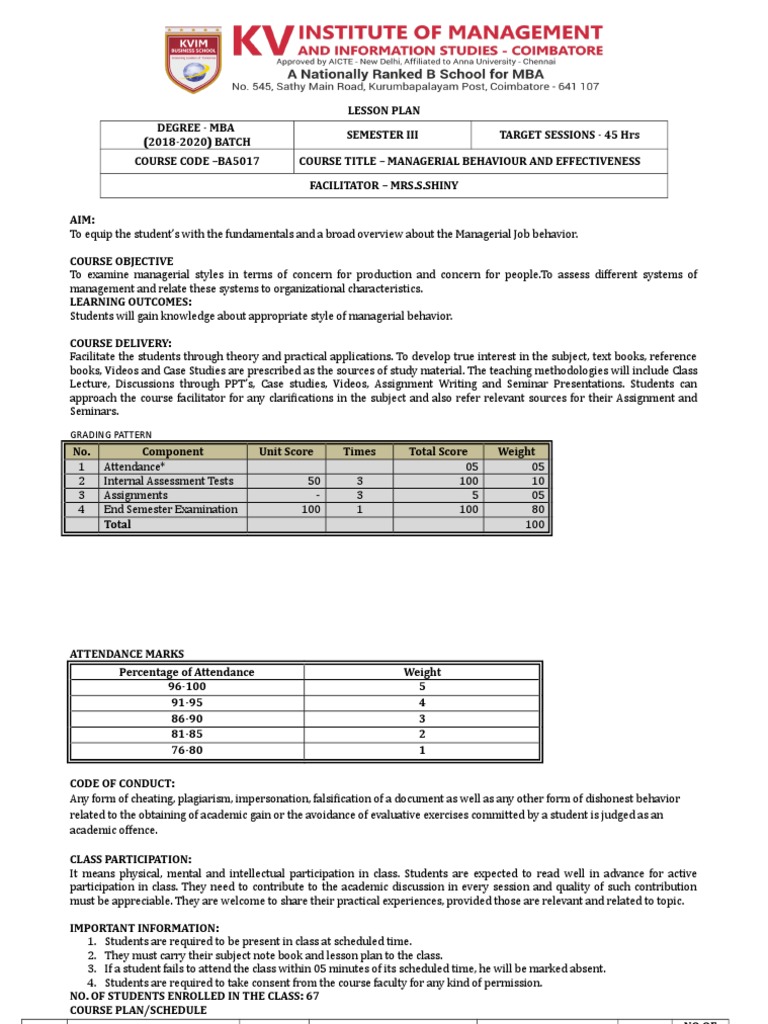 Lesson Plan For MBE - 45 Hrs (Mrs.S.shiny) | PDF | Test (Assessment ...