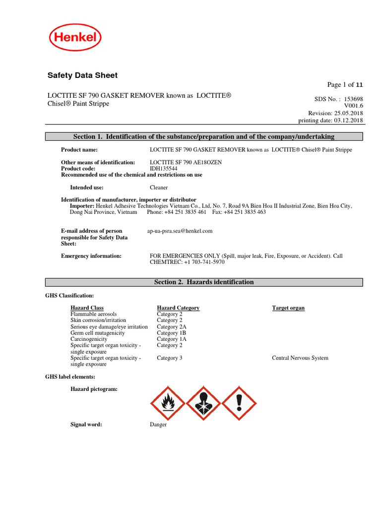 Henkel Loctite 790 Paint Stripper MSDS PDF Toxicity Combustion