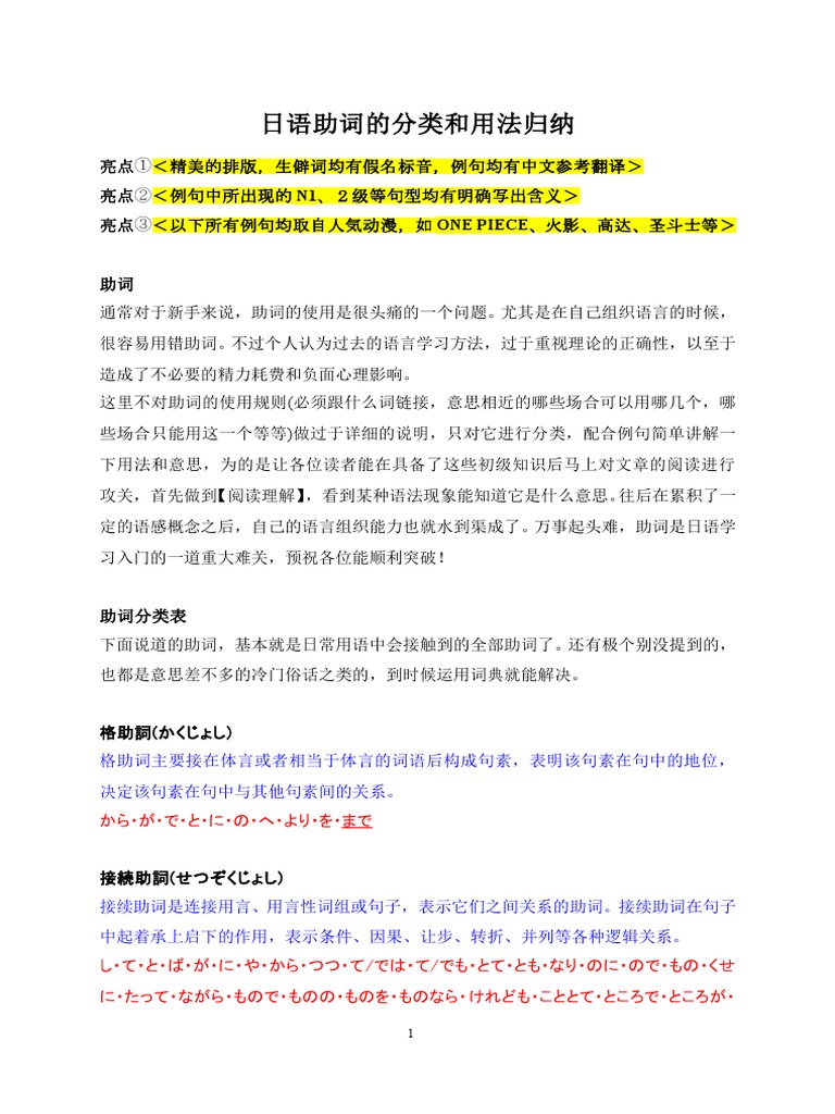 80頁總結 日語助詞的分類和用法歸納 例句均選自人氣動漫